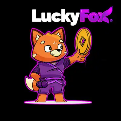 Lucky Fox mascot holding a coin for online casino.  Lucky Fox Casino Online Canada